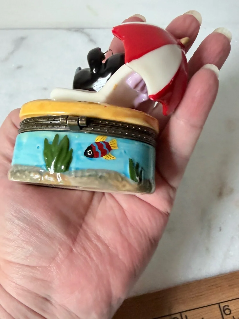 Hand-Painted Penguin Trinket Box with Red Umbrella